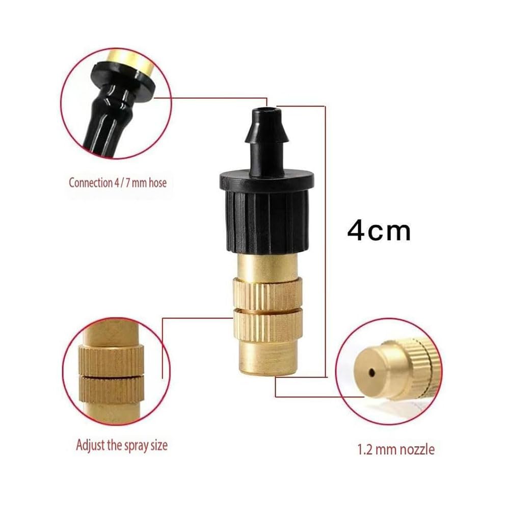 Verstellbarer Rasensprenger mit Mikro-Sprühdüsen, Kupfer-Sprühdüsen-Set für 4/7-mm-Schlauch, Niederdruck-Zerstäuber, 20 Messingdüsen + Einzelanschlussstutzen