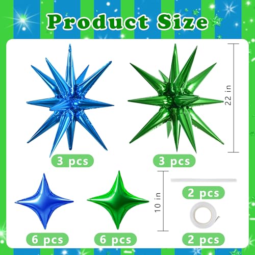 Image of TONIFUL 18Pcs 22Inch Blue Green Large Explosion Star Mylar Balloons and 10Inch Four Pointed Star Balloons Set for Christmas New Year Birthday Wedding Bridal Shower Anniversary Photo Booth Supplies
