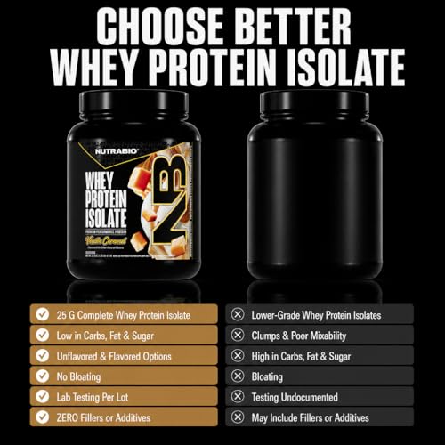 Image of NutraBio 100% Whey Protein Isolate Protein Powder, 25g Protein with Complete Amino Acid Profile, Non-GMO, Soy & Gluten Free, Low Carb, Low Calorie Whey Protein Powder, Vanilla Caramel, 20 Servings