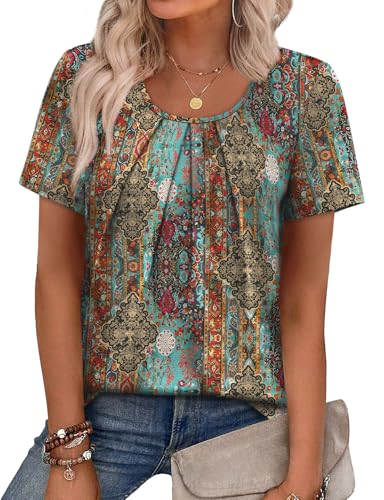 Image of WIHOLL Women T Shirts Pleated Short Sleeve Tops Business Casual Dressy Blouses