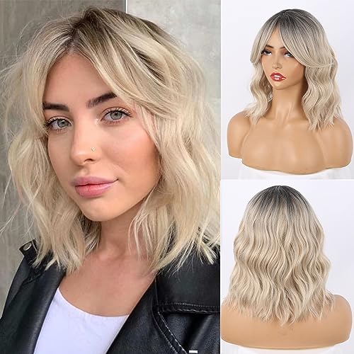 Aisaide Ash Blonde �V���[�g �E�F�[�u �{�u �E�B�b�O �J�[�e�� �o���O�t���A�V���[�g �I���u�� �A�b�V�� �u�����h �E�F�[�u �E�B�b�O �_�[�N ���[�c ���C�g �I���u�� �u���E�� �{�u �w�A �����p ���R�Ȍ����� �O���t�� 35.6 c