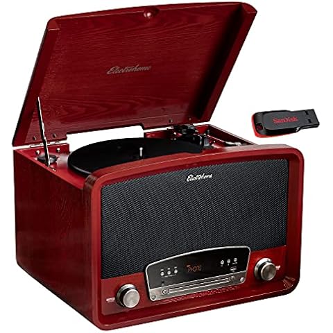 Electrohome Kingston 7-in-1 Vintage Vinyl Record Player Stereo System - 3-Speed Turntable Bluetooth AM/FM Radio CD Aux in RCA/Headphone Out Vinyl/CD to MP3 Recording & USB Playback w/ 32GB USB Drive Cover