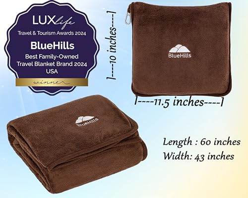Image of BlueHills Premium Soft Travel Blanket Pillow Airplane Blanket Soft Bag Pillow case with Hand Luggage Belt and Backpack Clip Compact Pack Large Blanket Throw Air Plane Flight Travel (Brown T009)