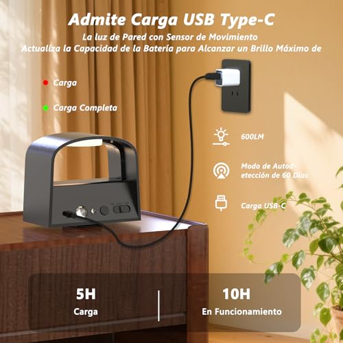 Aplique pared interior LED sensor movimiento lámparas recargables sin cables 2 ud 6