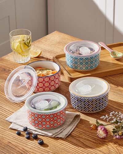 Ceramic Bowl Set with Lids, Serving Bowls with lids, 5 Inch Prep Bowls for Kitchen, Lunch, Picnic, Microwave & Dishwasher Safe, 20 Oz Set of 4 - Image 5