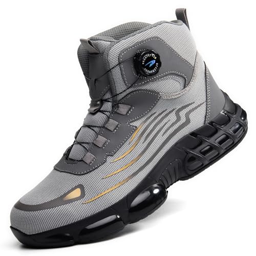 COOU Sicherheitsstiefel Herren Damen Leicht Arbeitsschuhe Hoch Sportlich Sicherheitsschuhe Luftkissen Dämpfung Stahlkappenschuhe Atmungsaktiv Drehverschluss Grau 37