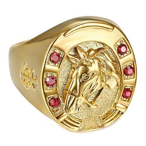 BOBIJOO Jewelry - Bague Fer à Cheval Chevalière Homme Voyageur Gitan Acier Inoxydable Or Rubis Rouge - 58 (8 US), Doré Or Fin - Acier Inoxydable 316