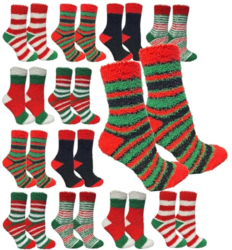 Yacht & Smith 12 Pairs Christmas Fuzzy Socks, Womens Holiday Slipper Sock, Furry, Bulk Gift Holiday Stocking Stuffer