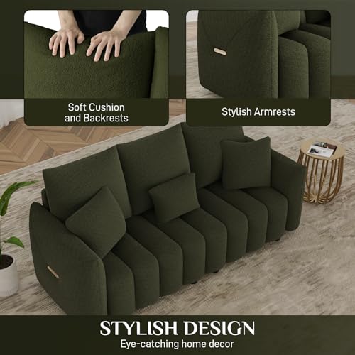 Image of OUYESSIR 81 inch Modern Sofa Couch, Comfy Upholstered Teddy Deep Seat Boucle Sofa, Modern 3-Seater Cloud Couch, Oversized Loveseat for Living Room Office Apartment, Green