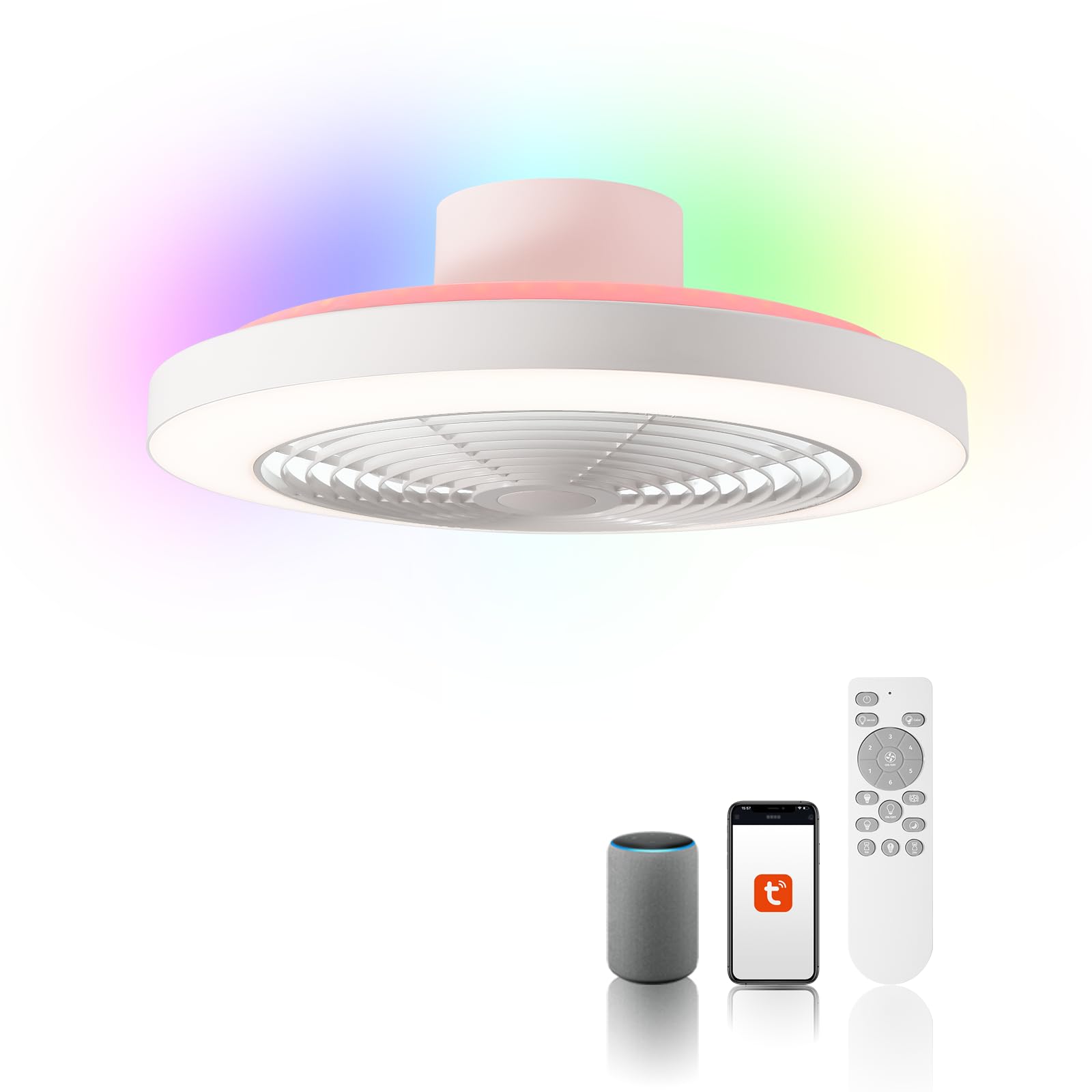 Orison Smart Bladeless Low Profile Ceiling Fan with LED-RGB Ambient Lighting Compatible with Alexa/Google Assistant/App Control, 6-Speed Color Change, Quiet Operation with Remote &App,19.7" (White)