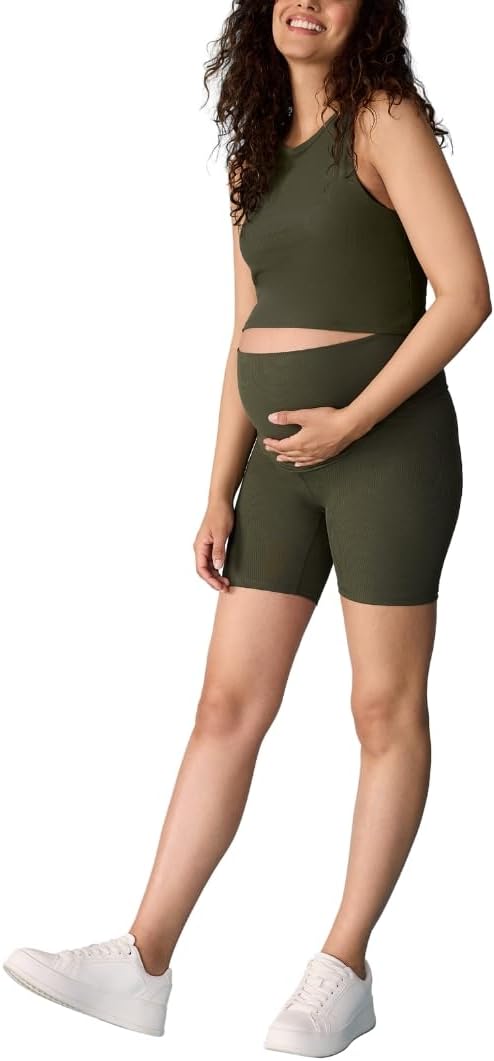 Motherhood Maternity Women's Ribbed Over The Belly Biker Shorts and Crop Racerback Workout Tank Top Pregnancy Set