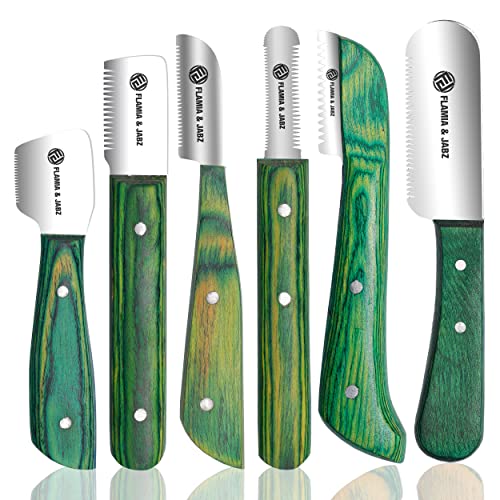 FLAMIA & JABZ FJ Professionelles Abisoliermesser-Set (6-teiliges Set) für Hunde und Haustiere, Holzgriff mit Edelstahlklinge (Rechtshänder) (Grün)