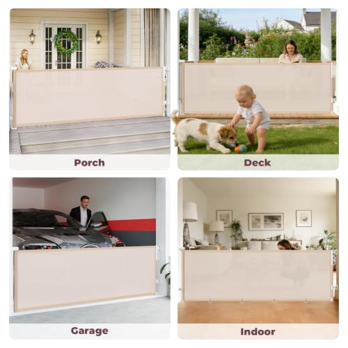 Image of 96 inch Retractable Baby Gate, Long Mesh Dog Gate for Garage Deck Porch | Strong Suction Disc Prevent Crawling Under, 34 inch Tall Child Safety Gate for Large Openings, Indoor Outdoor Use, Beige