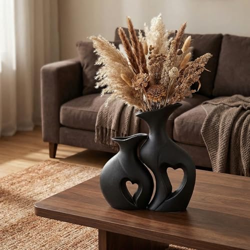 Black Heart Vase Set of 2,Modern Vases for Home Console Table Decor for Living Room Coffee Table Fireplace Bookshelf Decorations（3.5" L x 4.4" W x 8.5" H） — view 3