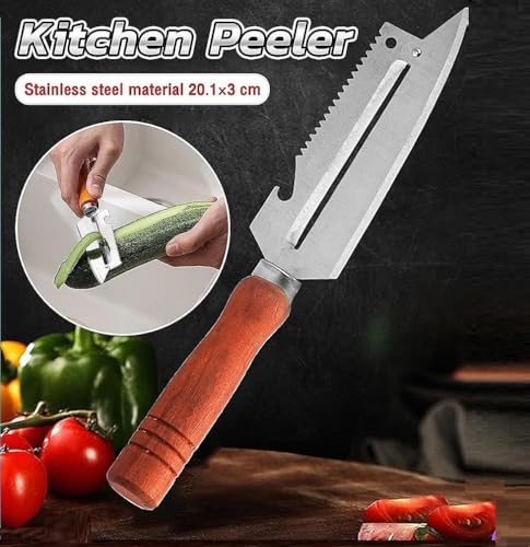 Image of Multi-Functional Vegetable Peeler for Kitchen | Stainless Steel Peeler with Wooden Handle & Bottle Opener | Single Blade for Fruits and Vegetables | 1 Piece (Design 2 Peeler)