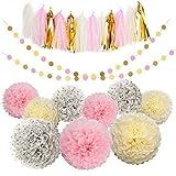 Tissue Pom Poms Paper Flowers Tissue Tassel Paper Garland Pink Cream Glitter Gold Kit 23 Pcs for Baby Shower Bridal Shower Baby First Birthday Decorations