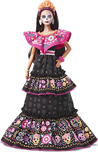 Barbie 2021 Dia De Muertos Lalka (ok 29 cm) w tradycyjnej haftowanej sukience, kwiatowej koronie i makijażu inspirowanym czaszką, prezent dla kolekcjonerów, GXL27