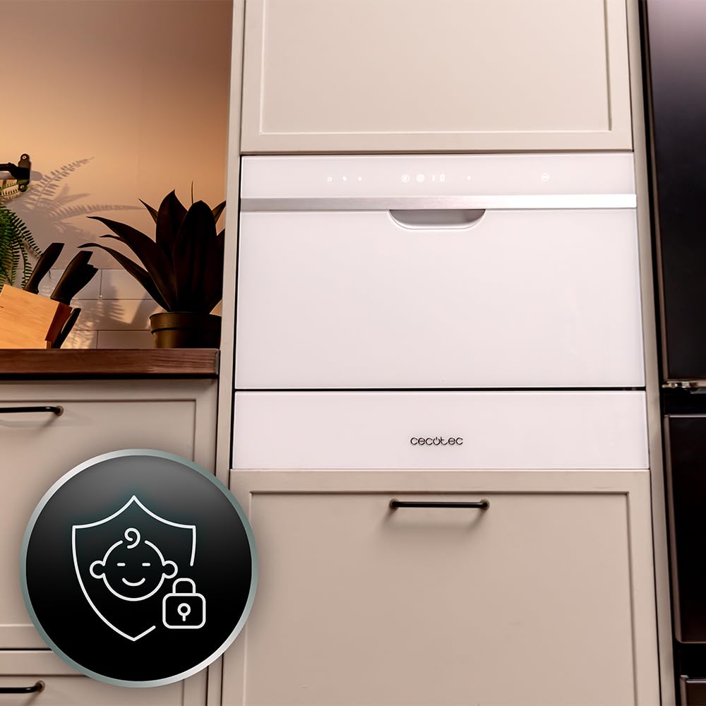 Cecotec Kompakte Teilintegrierbare Spülmaschine 6 Gedecke Bolero Aguazero 2500 S-BI Weißglas. 1380W, Weiße Glasoberfläche, Niedriger Verbrauch, 5 Programme, Touchpanel, Startzeitvorwahl