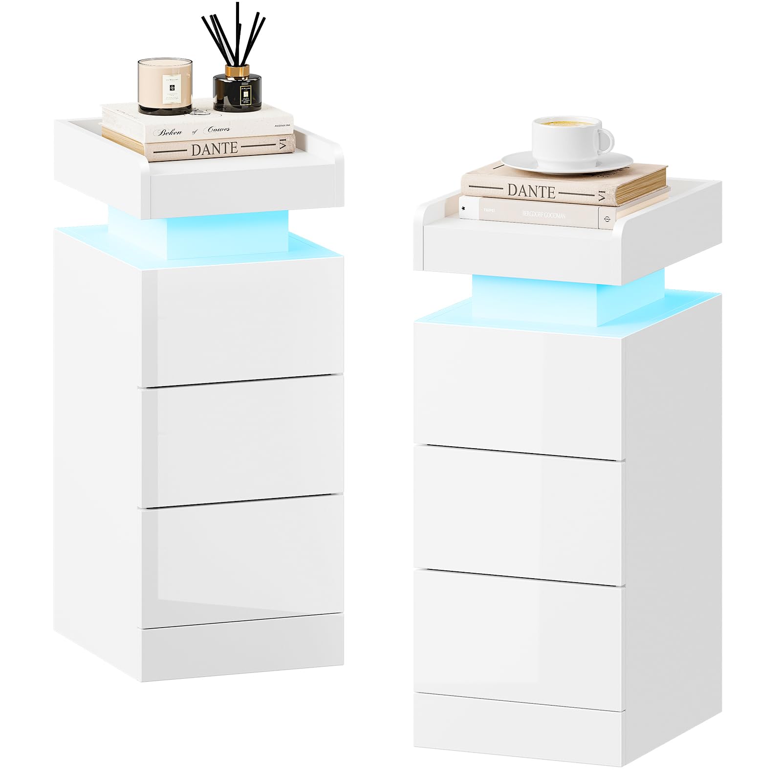 Dripex Nachttisch 2er Set schmal, Beistelltisch mit LED-Beleuchtung, Nachttische mit 3 Schublade, erhöhtem Rand(Verhindert das Herunterfallen), RGB Farbwechsel, Dimmbar, für Schlafzimmer, Weiß