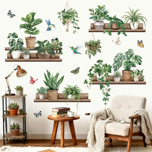 wondever Stickers Muraux Feuille Vertes Plante en Pot Autocollants Muraux Mural Stickers Art Botanique Papillons pour Chambre Salon Bureau Mur TV