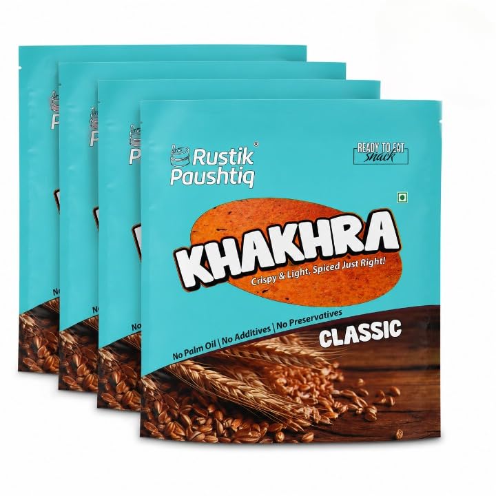 Image of RUSTIK PAUSHTIK Classic Khakhra - 200g Each | Whole Wheat Baked Khakhra | Gujarati Snack | Ready to Eat Tea Time Snack | Natural Ingredients | No Palm Oil (Pack of 4)