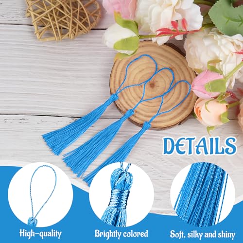 Image of 100 Pcs Bookmark Tassels Bulk Lake Blue Soft Craft Silky Handmade Mini Tassels for Jewelry Making with Loops for DIY Craft Accessory Dress Decoration