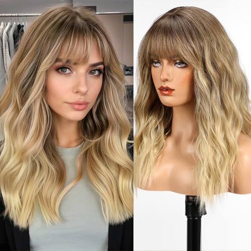 WOKESTAR Long Wig with Fringe Synthetic Wavy Wigs for Women Ombre Brown to Blonde Color, 22 tum
