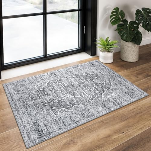 KUTA Vintage Entryway Rugs Indoor Grey White Washable Rug 2x3 Non-Slip Soft Printed Floral Medallion Doormat Small Accent Farmhouse Kitchen Throw Carpet for Entrance and Bedroom