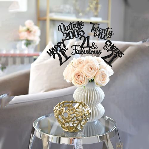 Image of 15 PCS Black 21st Birthday Centerpiece Sticks Double Sided Twenty One Happy 21 Vintage 2005 Table Flower Centerpieces Sticks Cheers to 21 Fabulous Floral Decorations for 21st Birthday Party Supplies