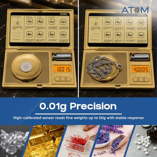 Image of ATOM A207 Digital Pocket Weighing Scale (50 g) | Small Weight Machine for Jewellery, Gold, Kitchen & Gram Measuring | 0.001 g High Precision with Tare, Unit Conversion & Weighing Pan, Battery Operated