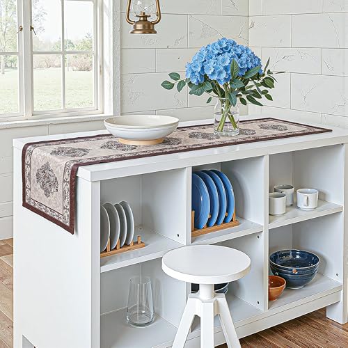 Image of Heart Home Velvet 13x72 Inch Heavy Table Runner for Home Decor | 6 Seater Dining Table Place Mat Elegant Soft Feel /Machine Washable | Juliet 1186 - Cream & Brown