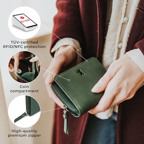 Image of BERLINER BAGS Genuine Leather Small Wallet Women Sara, Gift Box - Green | Soft Leather Bifold Zip Wallet, Fits Purses & Crossbody Bags, 8 Card Slots, Zipped Coin Pocket, RFID Blocking