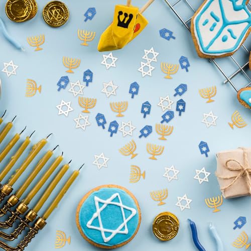 Image of Whaline 300 Pcs Hanukkah Table Confetti Menorah Star Dreidel Shaped Glitter Confetti Blue Gold Silver Table Centerpiece For Chanukah Party Decoration