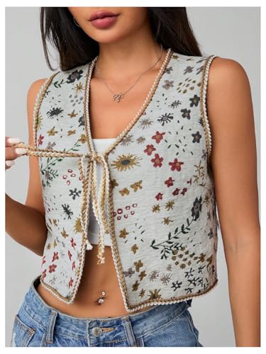 SweatyRocks Women's Floral Print Vest Tie Front V Neck Sleeveless Crop Vest Outerwear3