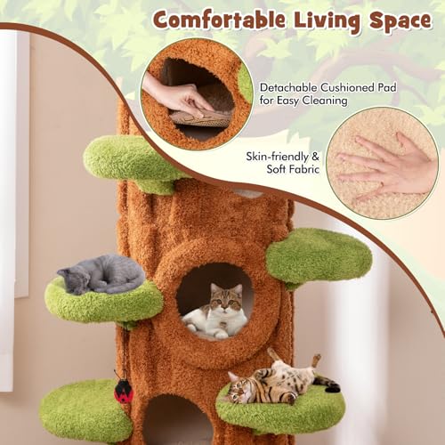 Image of PETSITE 90.5 Inch Tall Cat Tree, Tree-Like Modern Cat Tower with Sisal Scratching Pad, Five Cat Condos, Cute Hanging and Spring Toys, Large Cat Tree Tower for Indoor Cats (Brown)