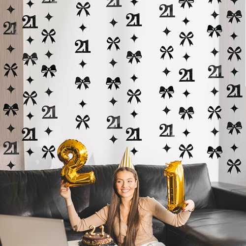 Image of Black 21st Bow Birthday Decorations Glitter Conquette Bow Garland Streamer Banner Backdrop for Girls Boys Happy 21st Birthday Finally Legal Cheers to 21 Years Old Awesome Since 2004 Party Supplies