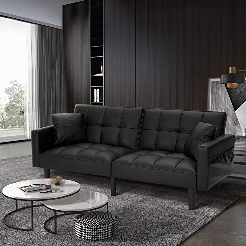 Homhum Convertible Sleeper Sofa Bed Modern Leather Couch Bed Futon Sofa Bed With 2 Pillows For Living Room, Apartment, Guest Room, Luxury Black #TOP7