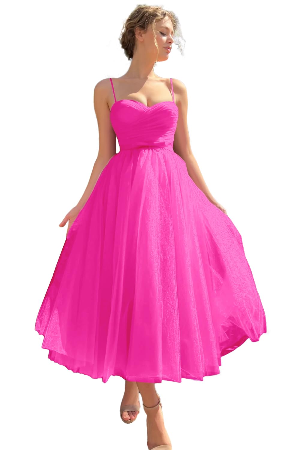 Sevintage Spaghetti Straps Tulle Prom Dress Tea Length Formal Party Evening Dress with Pockets