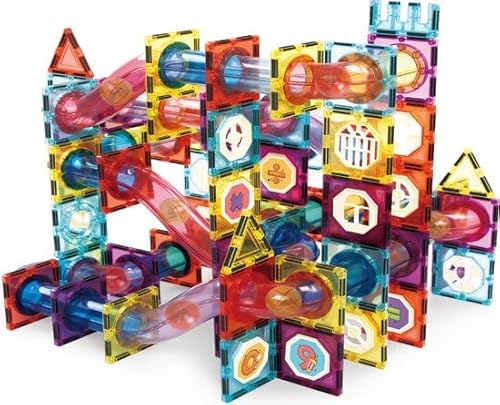 Olvy Blocs Magnétiques Montessori Jouet, Circuit de Billes, 100 Tuiles Magnétiques Enfants, Jouet de Construction Magnétique Dès 3 Ans, Smart Playground Blocs Magnétiques, Set Magnétique Enfants