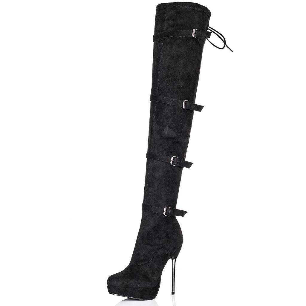 Stiletto Heel Buckle Lace Up Over Knee Platform Boots Black Sz 3