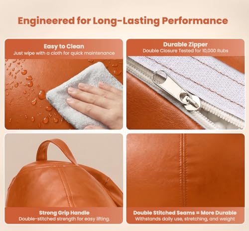 Image of Sattva Classic 4XL Bean Bag Chair with Beans Filled | Faux Leather Sofa Style Bin Bags Combo with Footstool & Cushion | Comfortable Seating for Adults & Teens, Home & Office - Orange