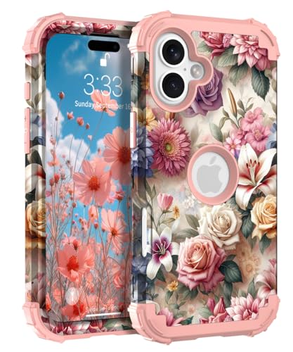 Hocase for iPhone 17 Case 6.3", Heavy Duty Shockproof Protection Soft Silicone Rubber+Hard Plastic Bumpers Hybrid Protective Case for iPhone 17 2025 - Rose Flowers