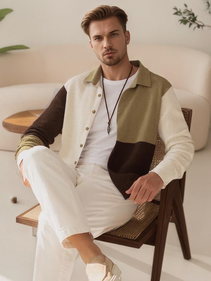 ZAFUL Men's Corduroy Shirt – Colorblock Long Sleeve Button Up Fall Casual Shirt3