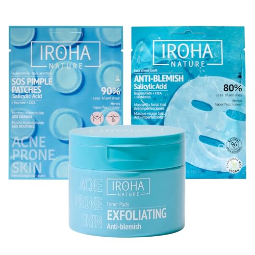 Iroha Nature -Maschera intensiva anti-imperfezioni | Trattamento anti-acne con acido salicilico | Maschera viso, dischetti esfolianti e cerotti SOS per brufoli |Controllo dell'olio |Set professionale