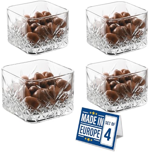 NORDIC SCHILLER Set di 4 ciotole in vetro quadrato di alta qualità, da 235 ml, in cristallo, 100% senza piombo, impilabili, per dessert e frutta, snack e antipasti
