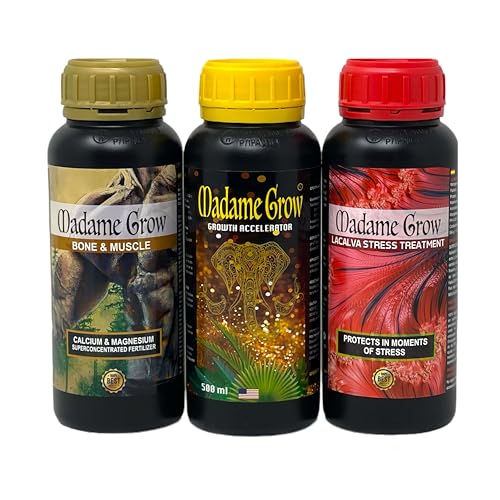 Madame Grow – Kit Atlántida – Fertilizantes Naturales – Estimula las raíces, Favorece el Metabolismo y Brinda Defensa Natural – Bone & Muscle, Growth Accelerator y Lacalva Stress – 3 x 500 ml c/u