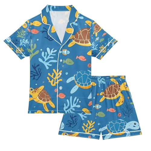 senya Turtle in The Sea Satin Summer Pajama Sets Silk Short Sleeve Button Down Sleepwear