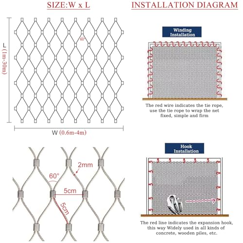 Generico Rete Metallica in Acciaio Inox 304 - Tipo X, Maglia 2 mm, per pollame da Giardino, Recinzione Flessibile anticaduta, Protezione Contro Le Cadute da Alta Quota, Maglia 5 cm (1,5 x 15 m)