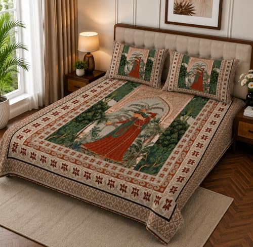 Image of 7D Digital Printed King Size Bedsheet with 2 Pillow Covers | Soft Premium Cotton Feel Microfiber Double Bed Bedsheet|Breathable,Wrinkle Free & Fade Resistant|(GreenEthnic, KingSize-225x250CM)