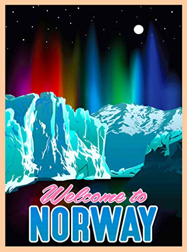 Welcome to Norway Scandinavia Norwegian Northern Lights Retro Travel Home Collectible Wall Decor Advertisement Art Deco Poster Print. 10 x 13.5 inches